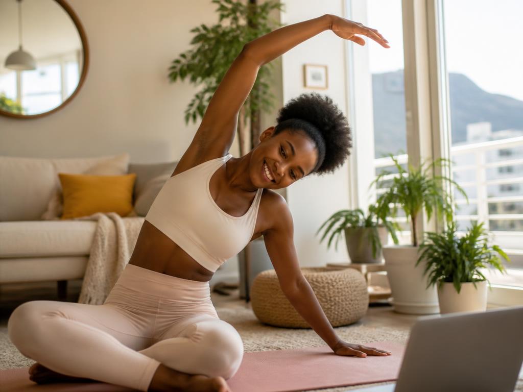 Woman stretching and moving in front of her laptop during the live online ritual