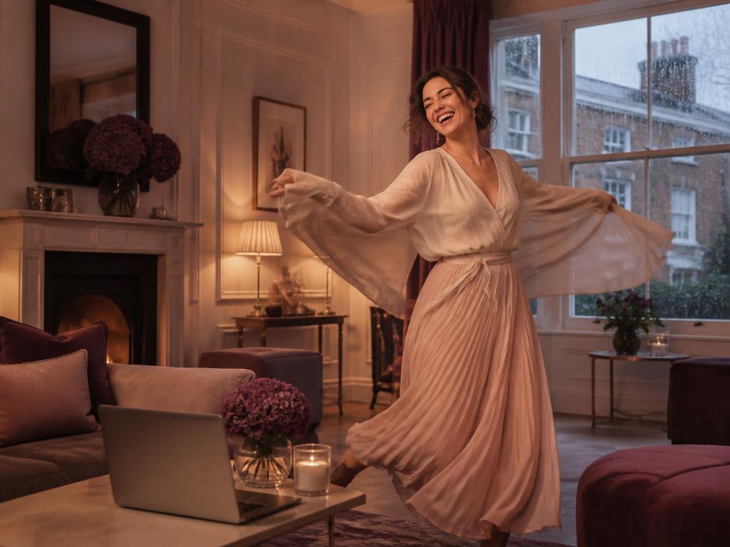 Woman laughing and twirling in her living room while following the online dance session