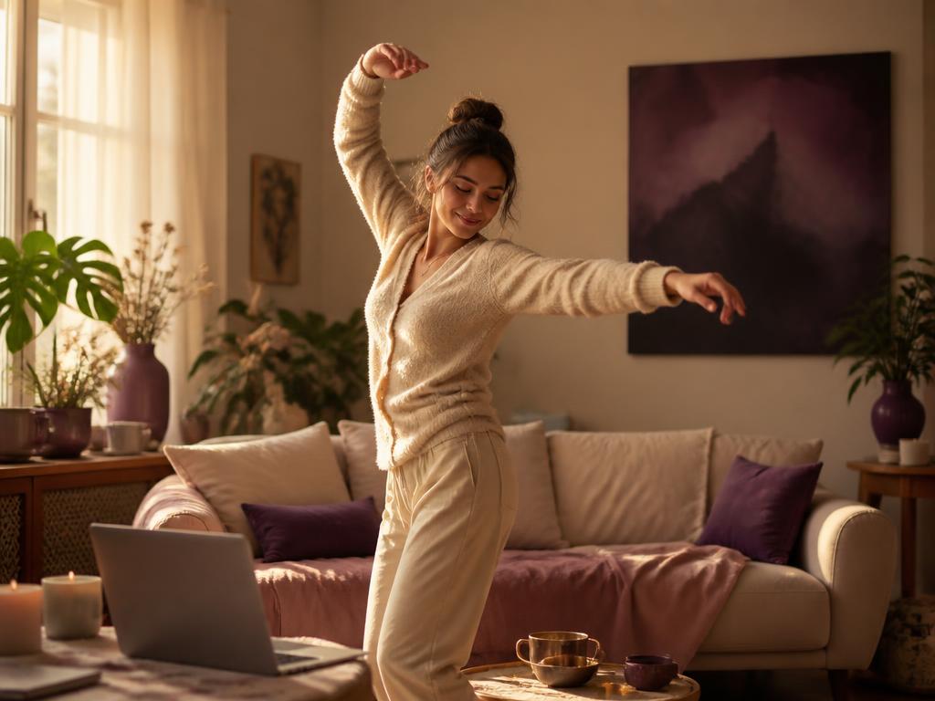 Woman dancing in her living room during a live online Magic Mondays session