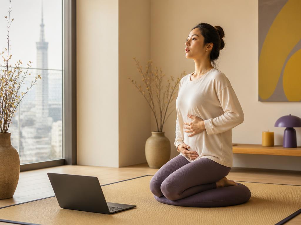 Woman practicing gentle breathwork at home during the live online session